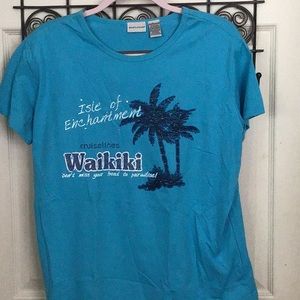 White stag tropical turquoise print tee with bling